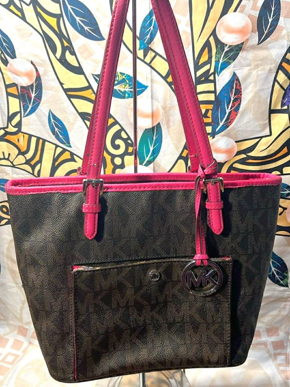 Michael Kors MK Monogram Tote Pink Trim Brown Shoulder Bag